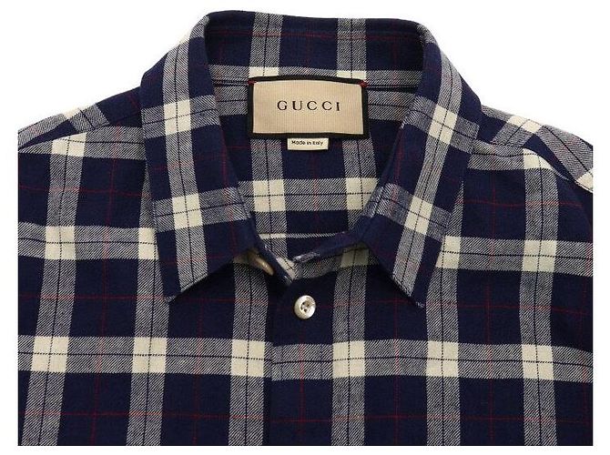 Gucci Camicia a quadri da uomo in misto cotone blu con patch ricamato - vista 5