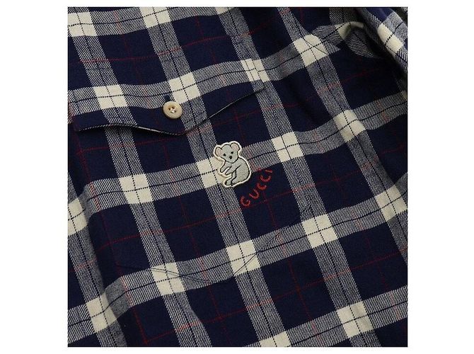 Gucci Camicia a quadri da uomo in misto cotone blu con patch ricamato - vista 6