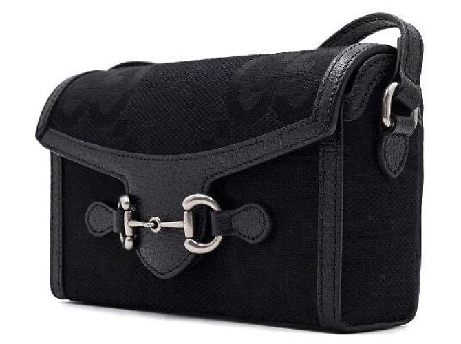 Horsebit 1955 Gucci Mini borsa a tracolla Horsebit in tela GG nera Nero - vista 3
