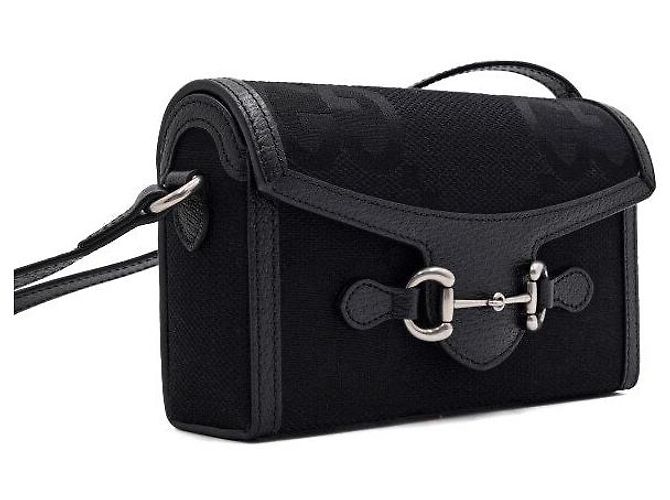 Horsebit 1955 Gucci Mini borsa a tracolla Horsebit in tela GG nera Nero - vista 4