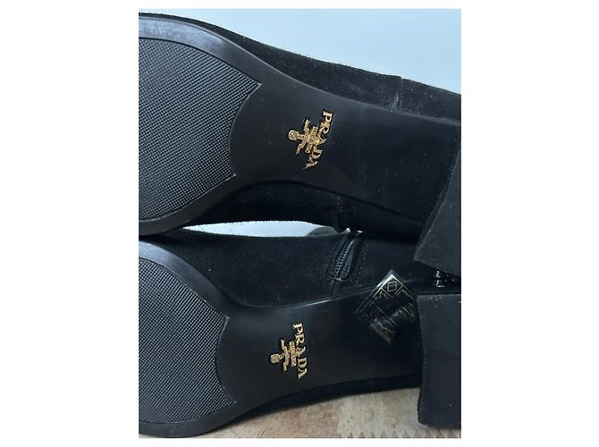 Prada Black Suede Studded Heel Ankle Boots - view 10