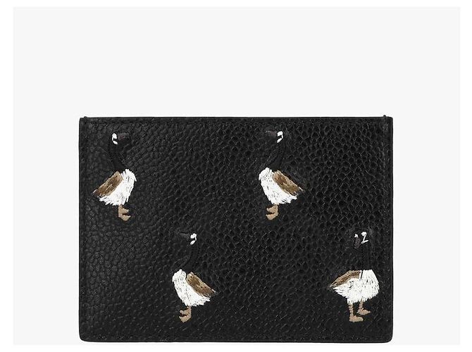 Thom Browne Pebble Grain Goose Embroidery Three-Stripe Tab Card Holder Black - view 5