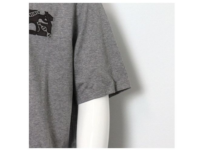 Hermès T-shirt a maniche corte da uomo in cotone grigio con patch in pelle Marrone - vista 3
