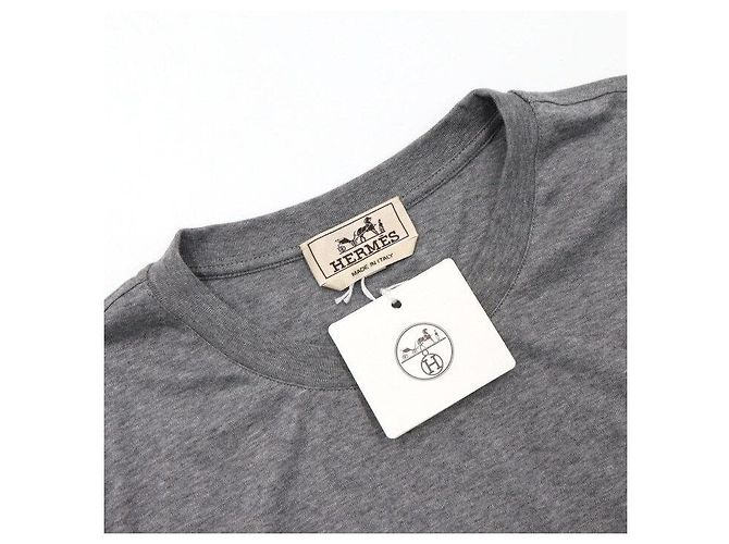 Hermès T-shirt a maniche corte da uomo in cotone grigio con patch in pelle Marrone - vista 5