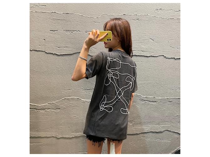 Off White Besticktes Kurzarm-Top für Damen Schwarz - Ansicht 3