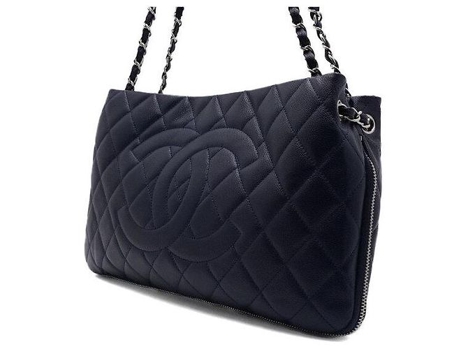 Chanel Timeless CC Logo Shopping Bag mit Reißverschluss und silberner Kette Blau - Ansicht 2