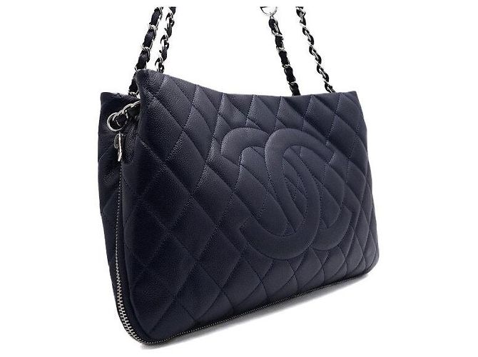 Chanel Timeless CC Logo Shopping Bag mit Reißverschluss und silberner Kette Blau - Ansicht 3