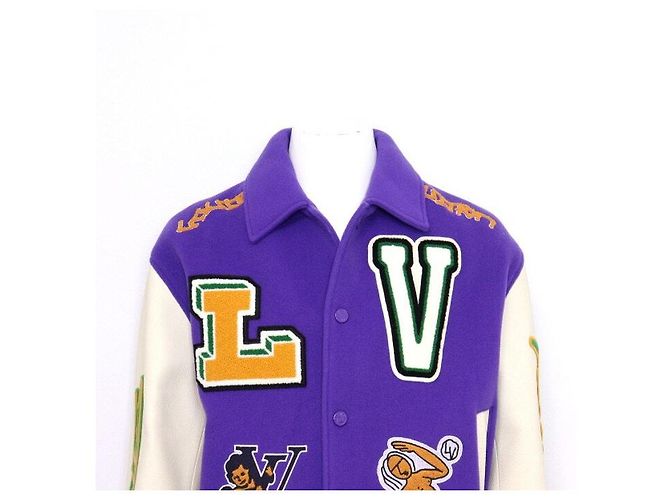 Louis Vuitton Multi-Patch Mixed Leather Varsity Jacket for Men Purple - view 2