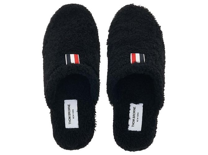 Thom Browne Pantofole in shearling da uomo con etichetta logo Nero - vista 6