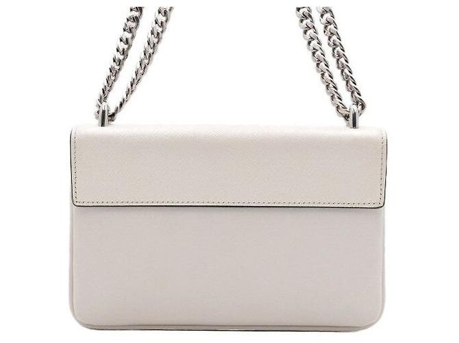 Prada Borsa a tracolla e crossbody in vitello Saffiano morbido bianco con logo argento e catena - vista 4