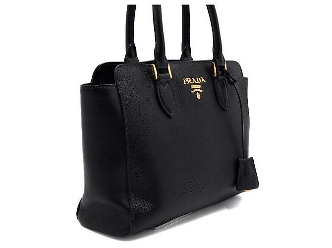 Prada Mala Tote e Mala de Ombro com Alça de Mão em Saffiano Preto e Logótipo Dourado - vista 3