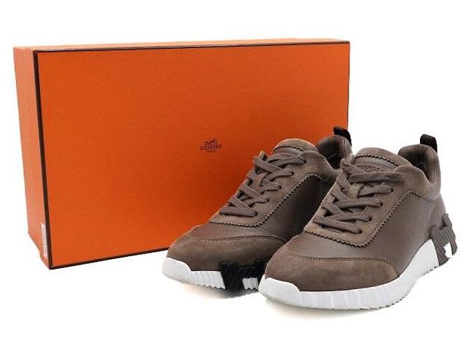 Hermès Baskets Bouncing en cuir et daim Marron - vue 7