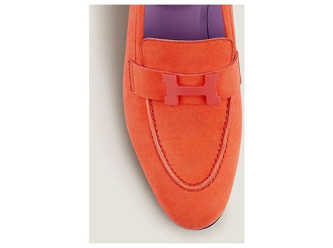Hermès Mocassino Paris Suede Orange Rosso - vista 2