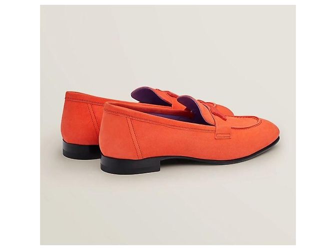 Hermès Mocassino Paris Suede Orange Rosso - vista 4