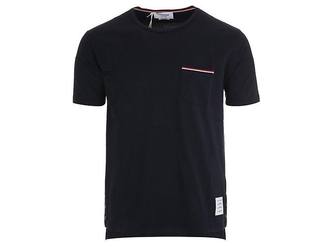 Thom Browne Three Stripes Kurzarm-T-Shirt mit Tasche in Navy - Ansicht 2