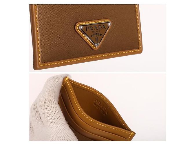 Prada Triangle Logo Lina Nylon Leather Card Holder Brown - view 10