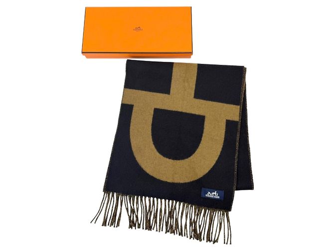 Hermès Stola in cashmere Hermes Grand Mall Marrone Blu navy - vista 2