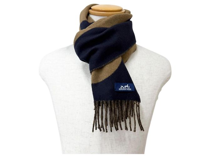 Hermès Stola in cashmere Hermes Grand Mall Marrone Blu navy - vista 3