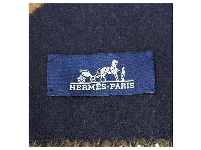 Hermès Stola in cashmere Hermes Grand Mall Marrone Blu navy - vista 7