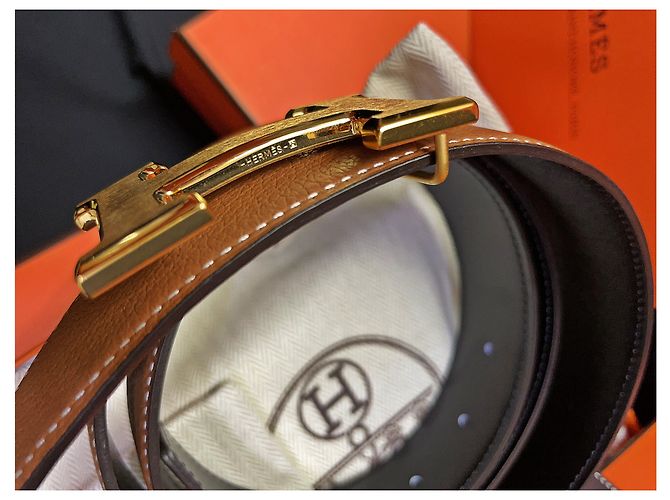 Hermès Cintura reversibile Classic Black Gold Outstitch in oro opaco Arancione - vista 3