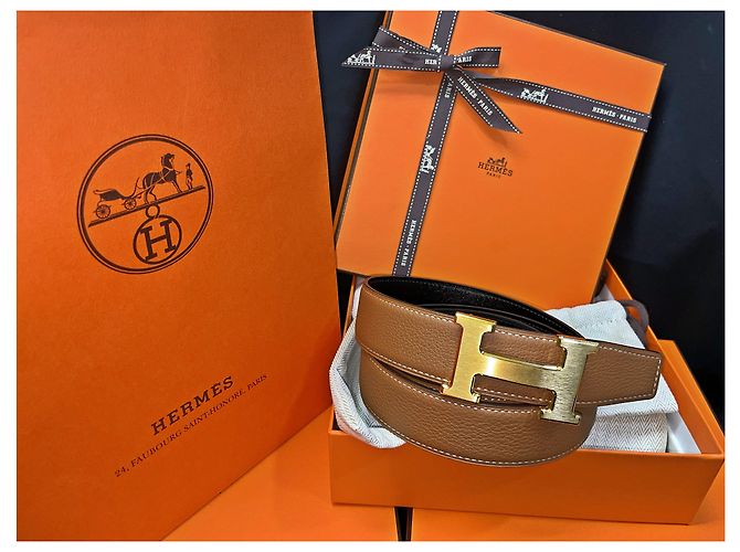 Hermès Cintura reversibile Classic Black Gold Outstitch in oro opaco Arancione - vista 5