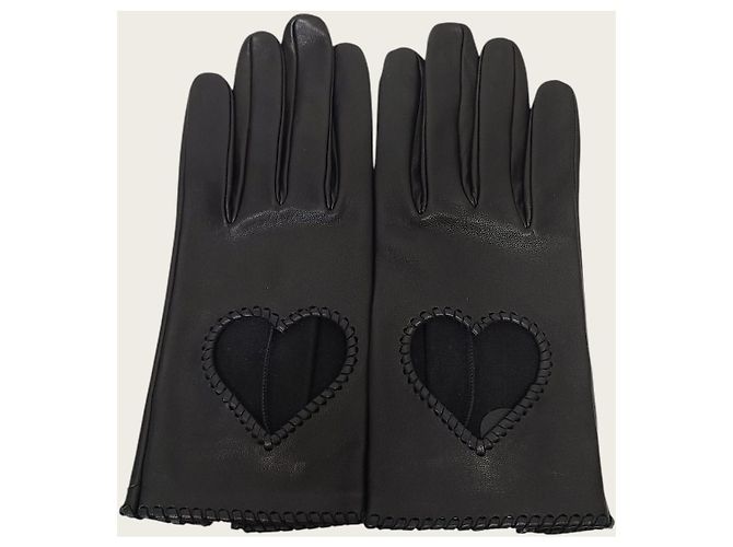 Hermès Schwarze Lederhandschuhe mit Herz für Damen - Ansicht 2