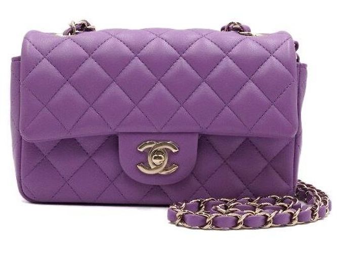 Chanel Mini borsa a tracolla Classic Flap in pelle d'agnello viola con catena oro champagne Porpora - vista 2