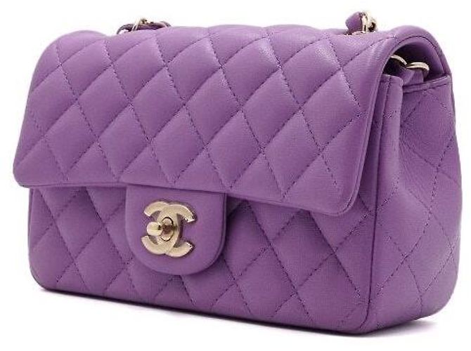 Chanel Mini borsa a tracolla Classic Flap in pelle d'agnello viola con catena oro champagne Porpora - vista 3