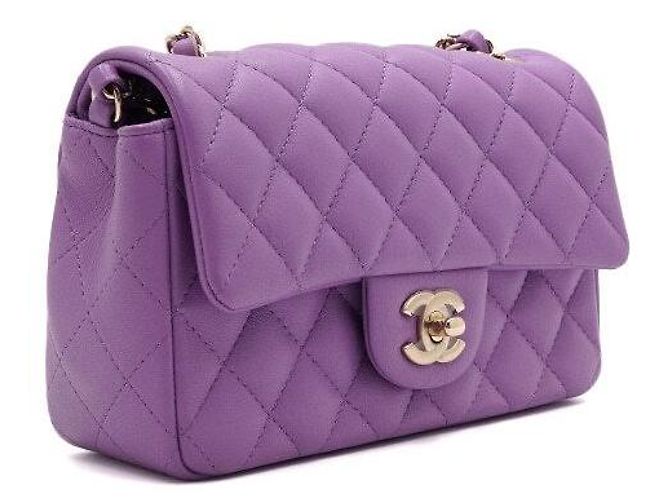 Chanel Mini borsa a tracolla Classic Flap in pelle d'agnello viola con catena oro champagne Porpora - vista 4