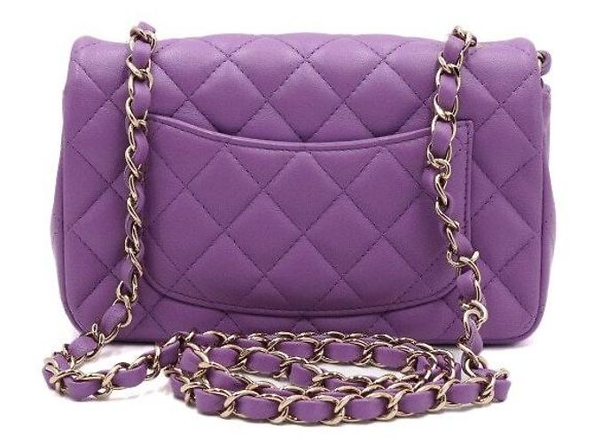 Chanel Mini borsa a tracolla Classic Flap in pelle d'agnello viola con catena oro champagne Porpora - vista 5