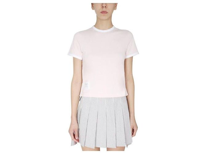 Thom Browne Ringer Kurzarm-T-Shirt mit RWB-Besatz an den Seiten Pink - Ansicht 5