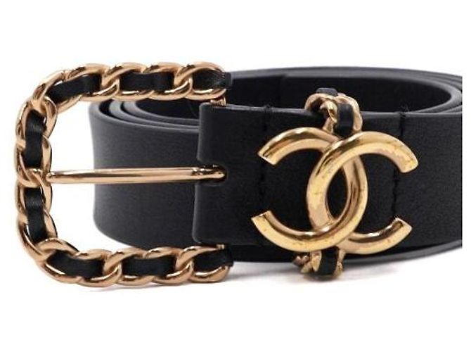 Chanel Damengürtel aus schwarzem Leder mit goldfarbenem CC-Logo - Ansicht 3