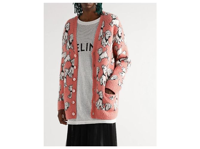 Céline Artist Jacquard gebürsteter Baumwoll-Wollcardigan Rosa Rot - Ansicht 8
