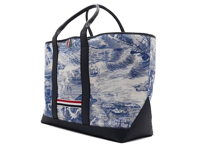 Thom Browne Blue Nautical Print Canvas Leather Medium Tool Tote Bag - view 2
