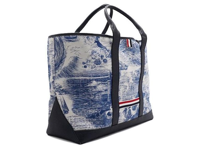 Thom Browne Blue Nautical Print Canvas Leather Medium Tool Tote Bag - view 3