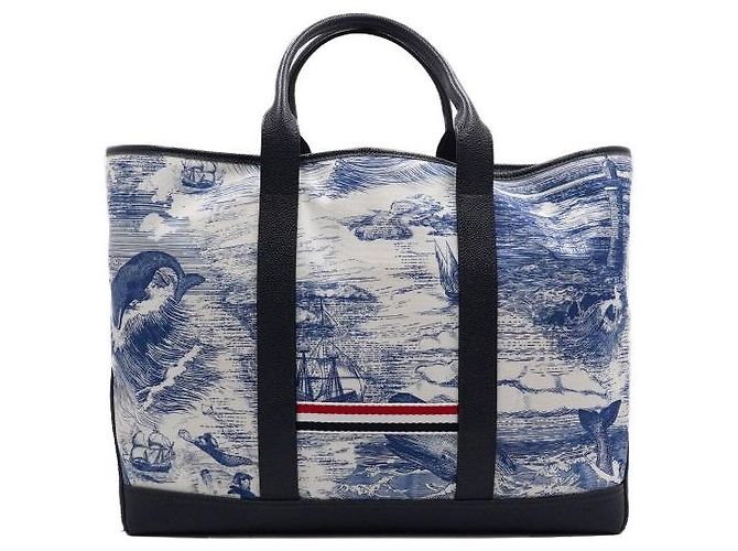 Thom Browne Blue Nautical Print Canvas Leather Medium Tool Tote Bag - view 4