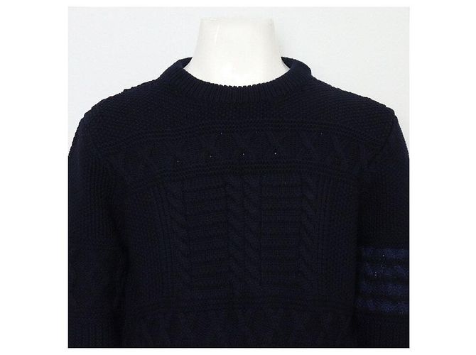 Thom Browne Navy Aran Cable Sweater Bars Men's Knit Blue - view 2