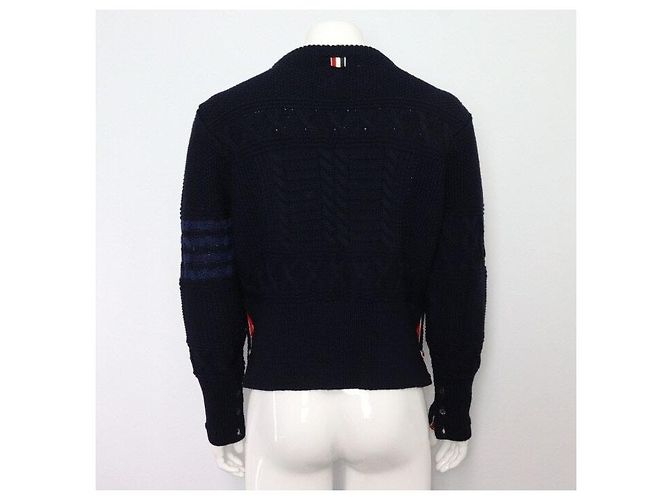 Thom Browne Navy Aran Cable Sweater Bars Men's Knit Blue - view 4
