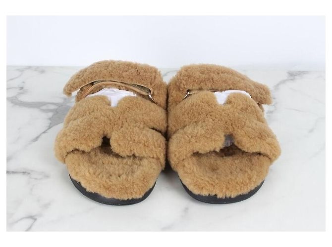 Hermès Pantofole in lana shearling beige Marrone - vista 3