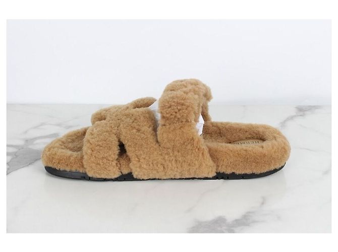 Hermès Pantofole in lana shearling beige Marrone - vista 6