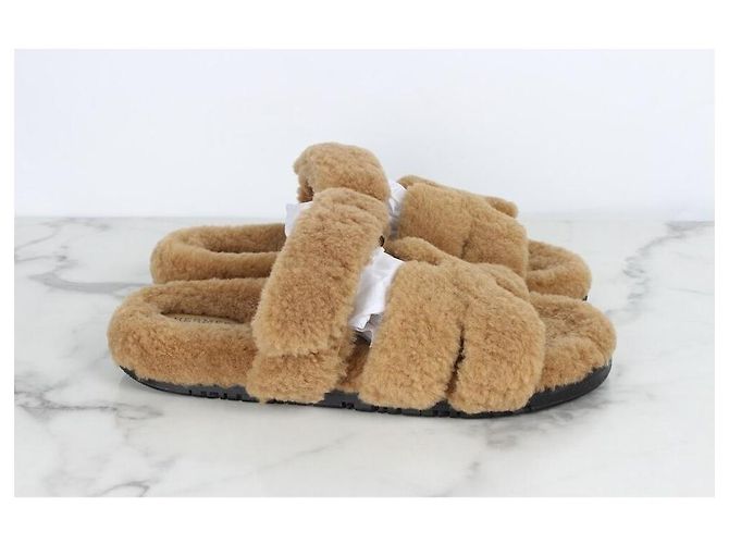 Hermès Pantofole in lana shearling beige Marrone - vista 7