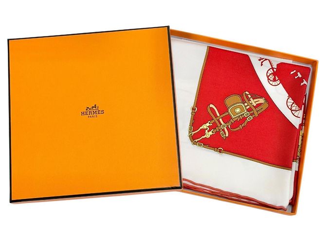 Foulard Hermès Paris Qui Roule 100% seta Bianco Rosso - vista 2