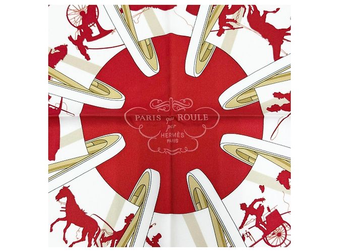 Foulard Hermès Paris Qui Roule 100% seta Bianco Rosso - vista 3