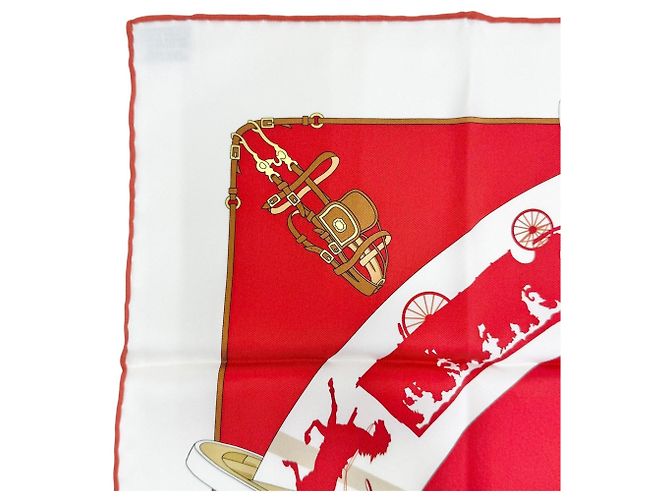 Foulard Hermès Paris Qui Roule 100% seta Bianco Rosso - vista 4