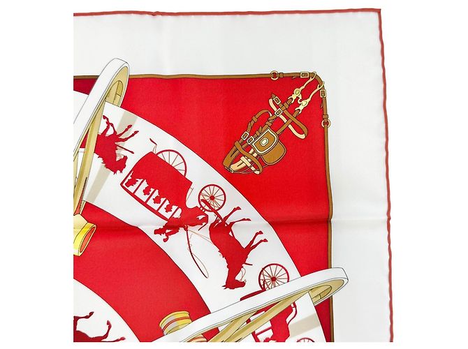 Foulard Hermès Paris Qui Roule 100% seta Bianco Rosso - vista 5