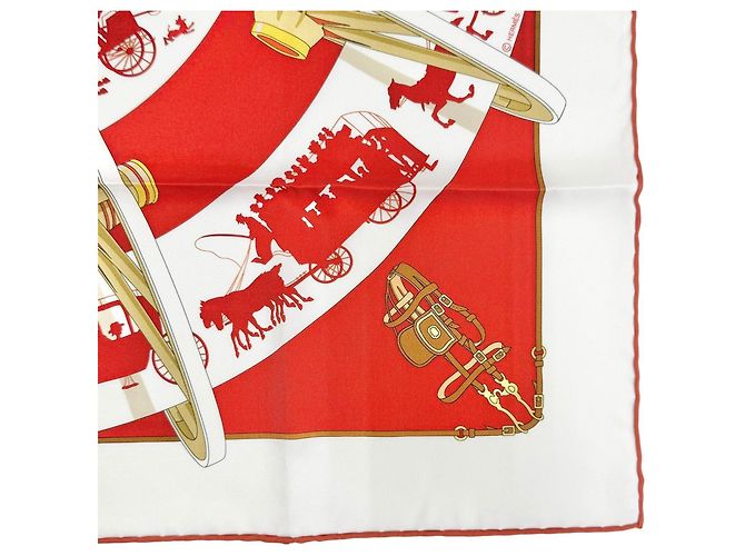 Foulard Hermès Paris Qui Roule 100% seta Bianco Rosso - vista 7