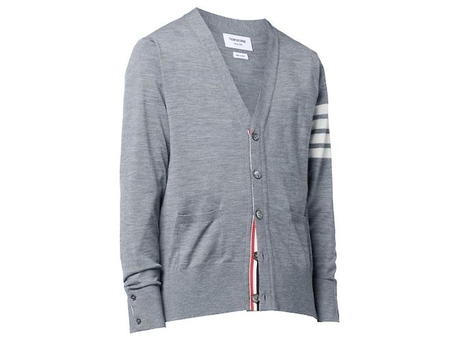 Thom Browne Feiner Merinowoll-Cardigan mit V-Ausschnitt Hellgrau Weiß - Ansicht 2