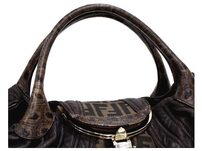 Fendi Borsa Tote Spy Weaving in tela FF e pelle marrone - vista 11