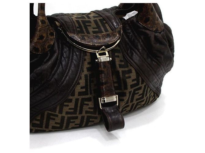 Fendi Borsa Tote Spy Weaving in tela FF e pelle marrone - vista 12