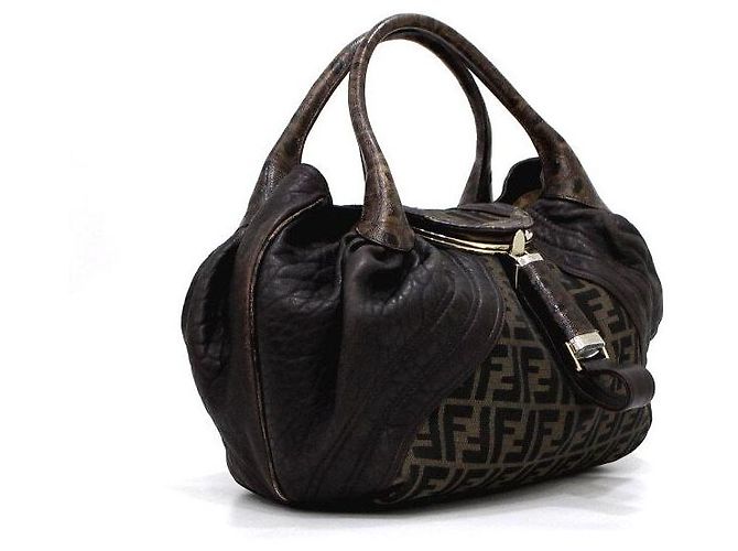 Fendi Borsa Tote Spy Weaving in tela FF e pelle marrone - vista 3